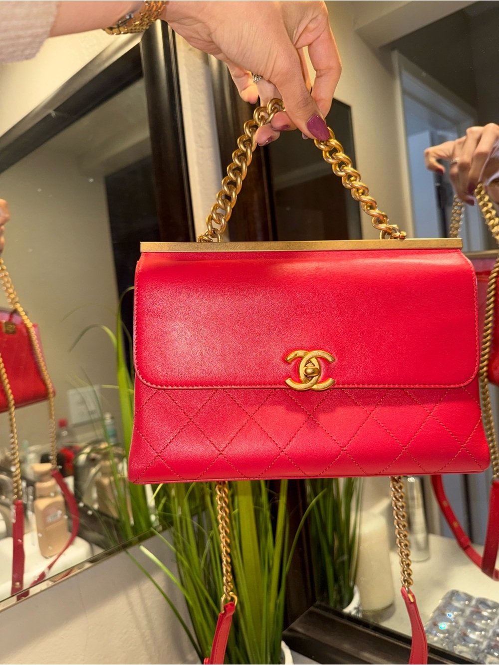CHANEL Red Quilted Leather Chain-Handle Shoulder Bag